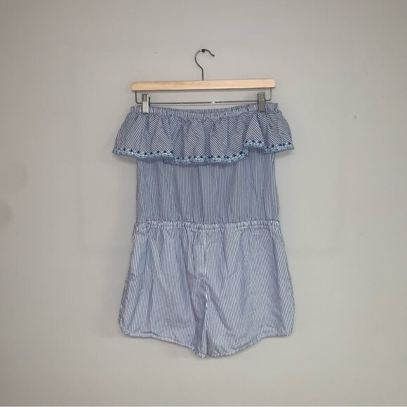Vineyard Vines Ruffle Romper Size Small Vertical Striped Blue White Cotton Short - Picture 5 of 6